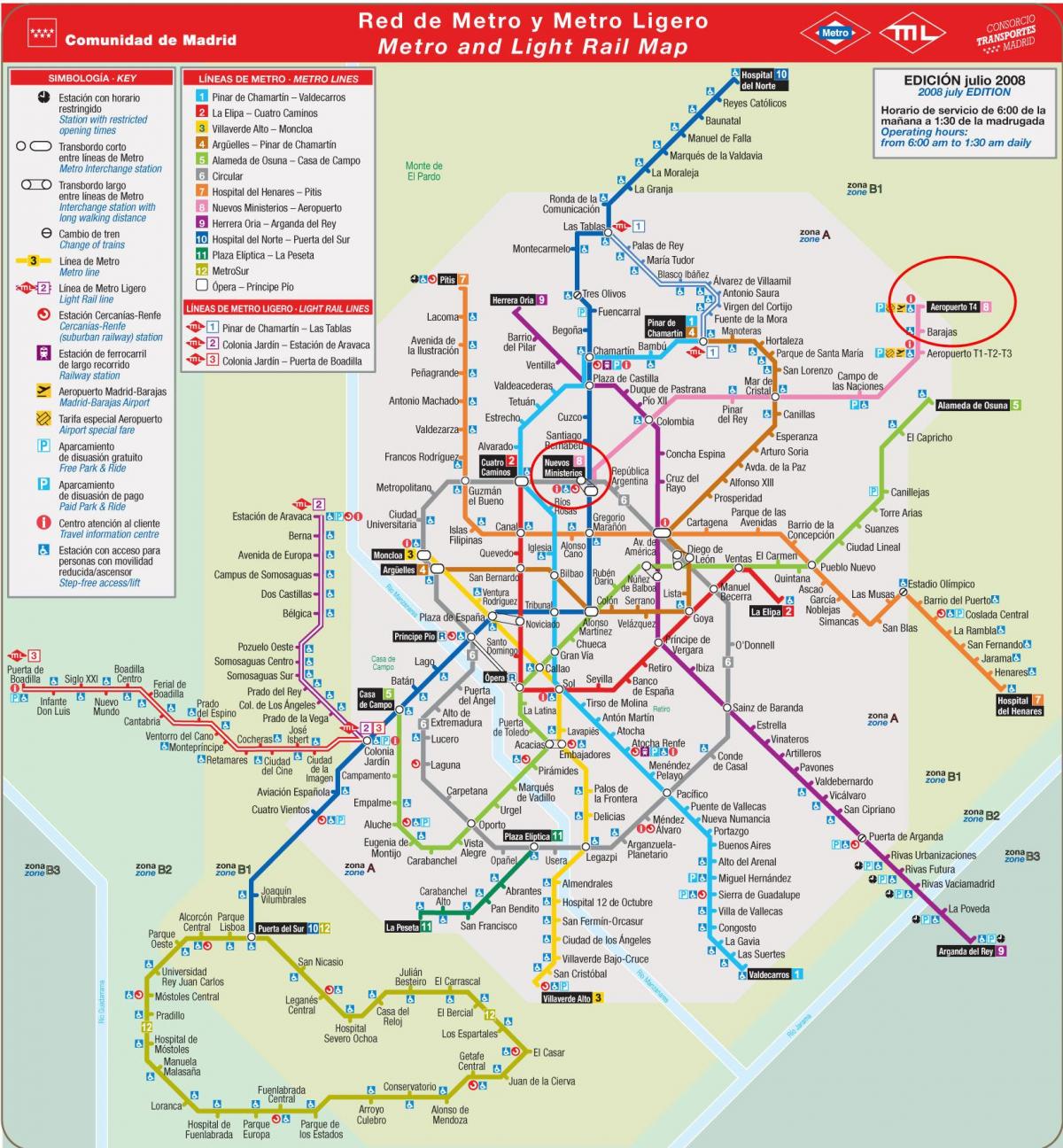 मैड्रिड मेट्रो का नक्शा हवाई अड्डे